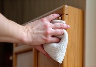 Person cleaning a wooden table surface