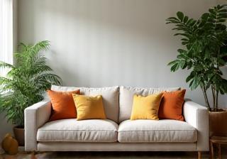 Stylish living room with a comfortable sofa and plants